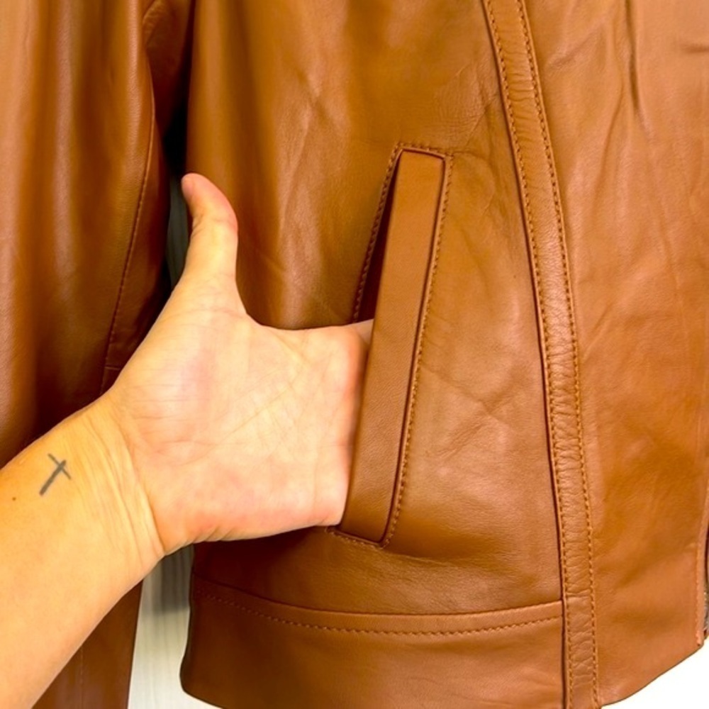 Michael Kors - Brown Leather Asymmetrical Zip Lined Long Sleeve Moto Jacket Med - Picture 5 of 12
